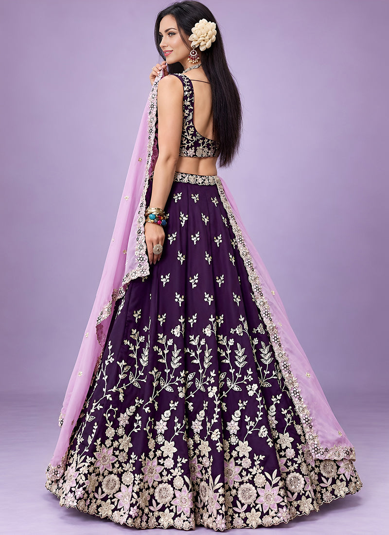 Buy Deep Purple Silk Lehenga Choli Set In USA