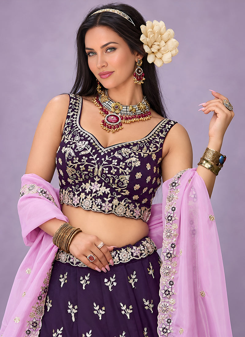 Buy Deep Purple Silk Lehenga Choli Set Online