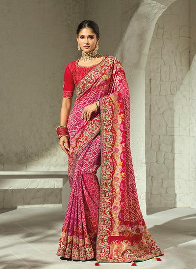 Magenta And Red Handwork Embroidered Saree