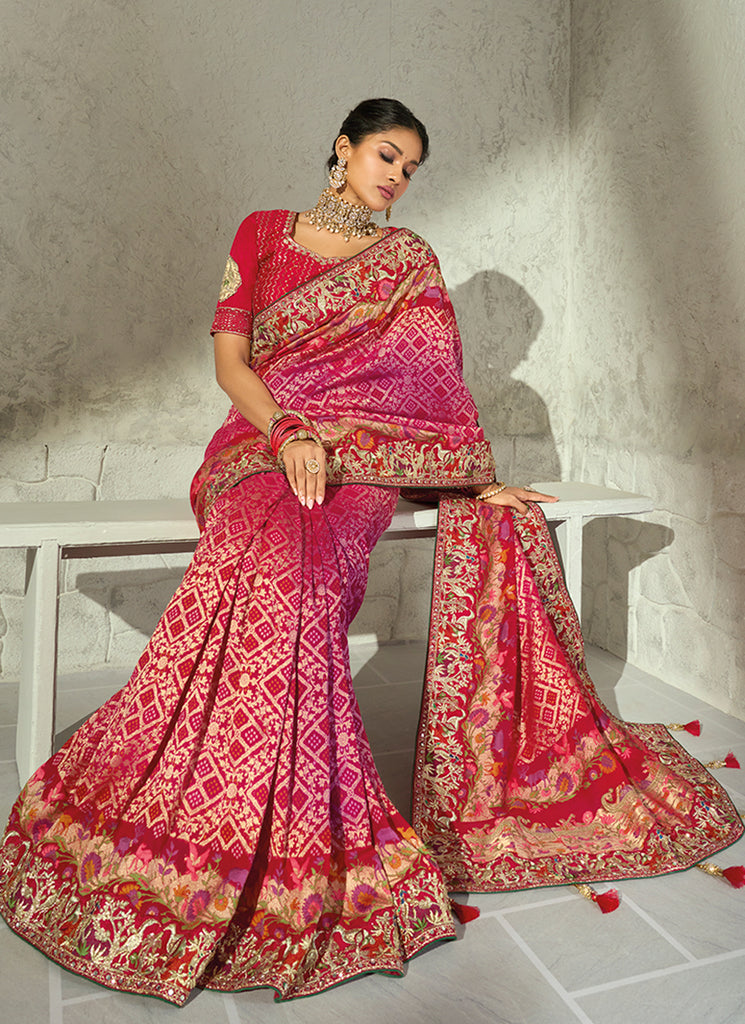 Buy Magenta And Red Embroidered Sari Online