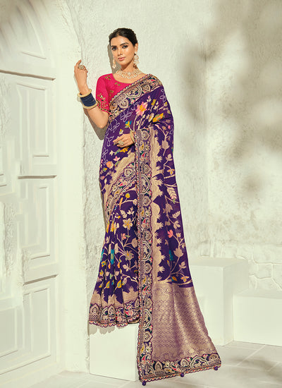 Purple And Magenta Handwork Embroidered Saree