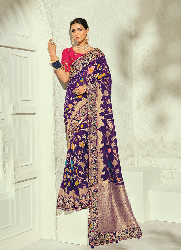 Purple And Magenta Handwork Embroidered Saree