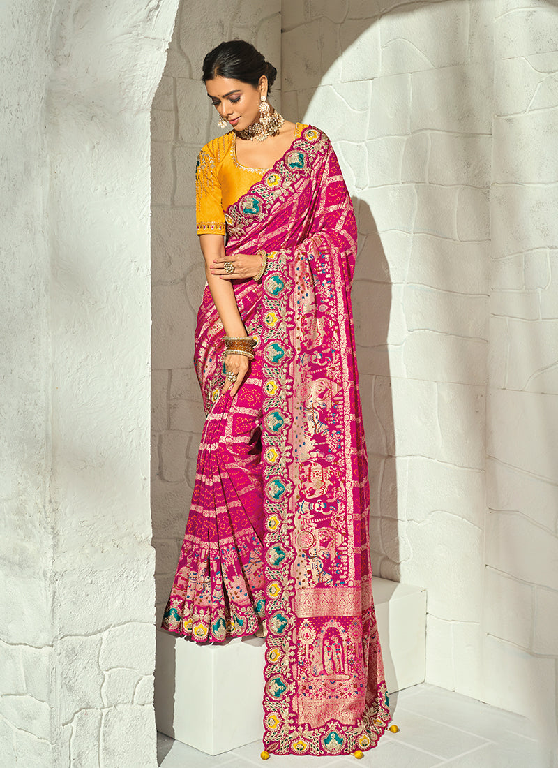 Magenta And Yellow Handwork Embroidered Saree