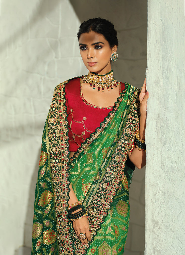 Buy Green And Red Embroidered Sari In USA