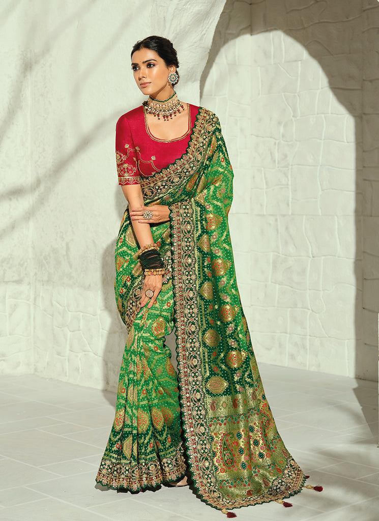 Green And Red Handwork Embroidered Saree