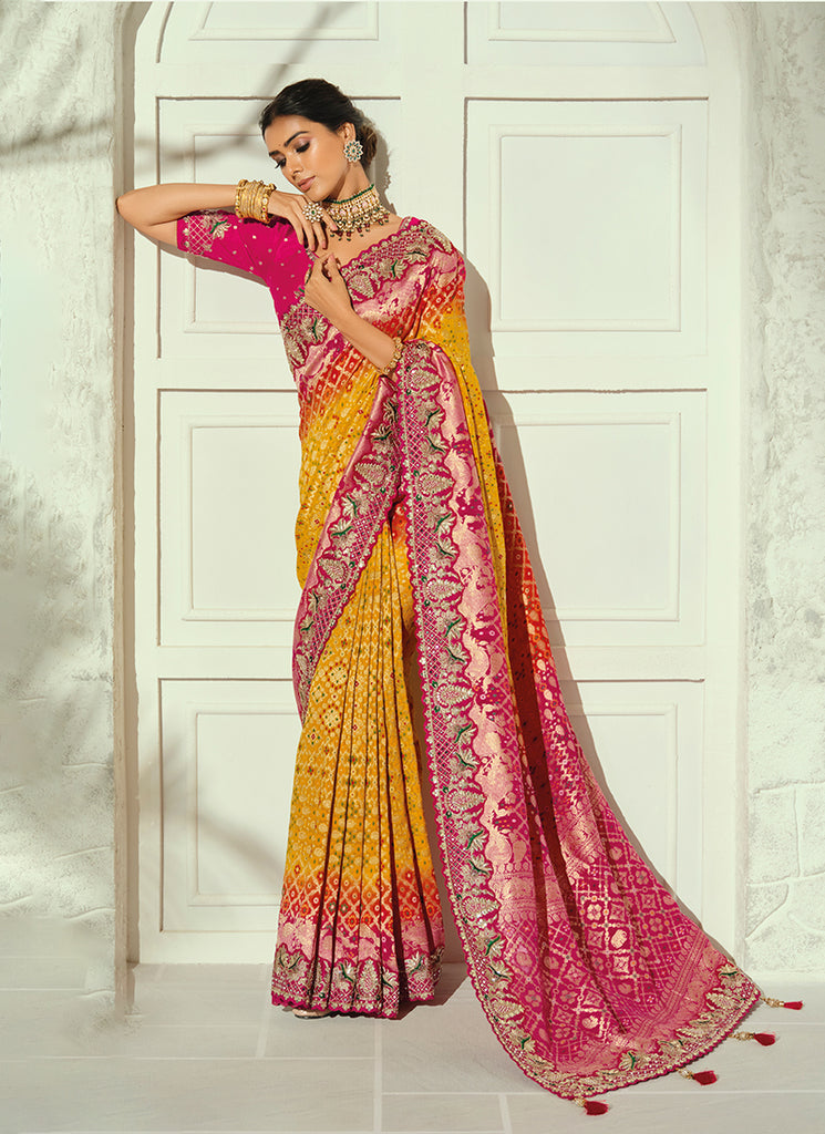 Buy Yellow And Pink Handwork Sari In Canada