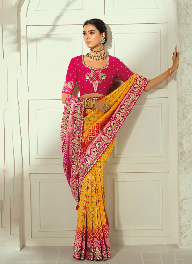 Shop Yellow And Pink Handwork Sari In UAE