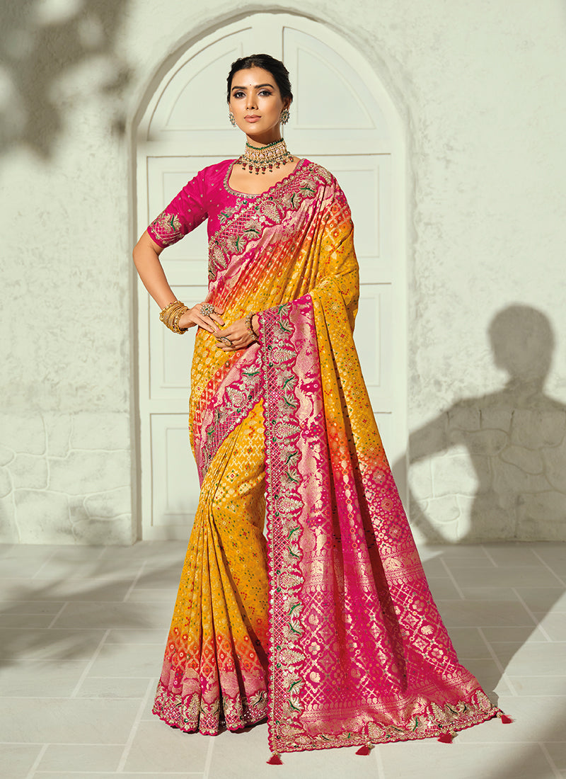 Yellow And Pink Handwork Embroidered Saree