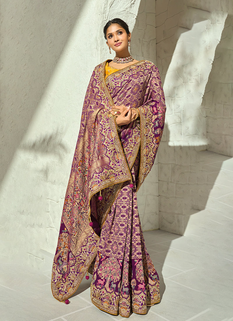 Wine And Yellow Handwork Embroidered Saree
