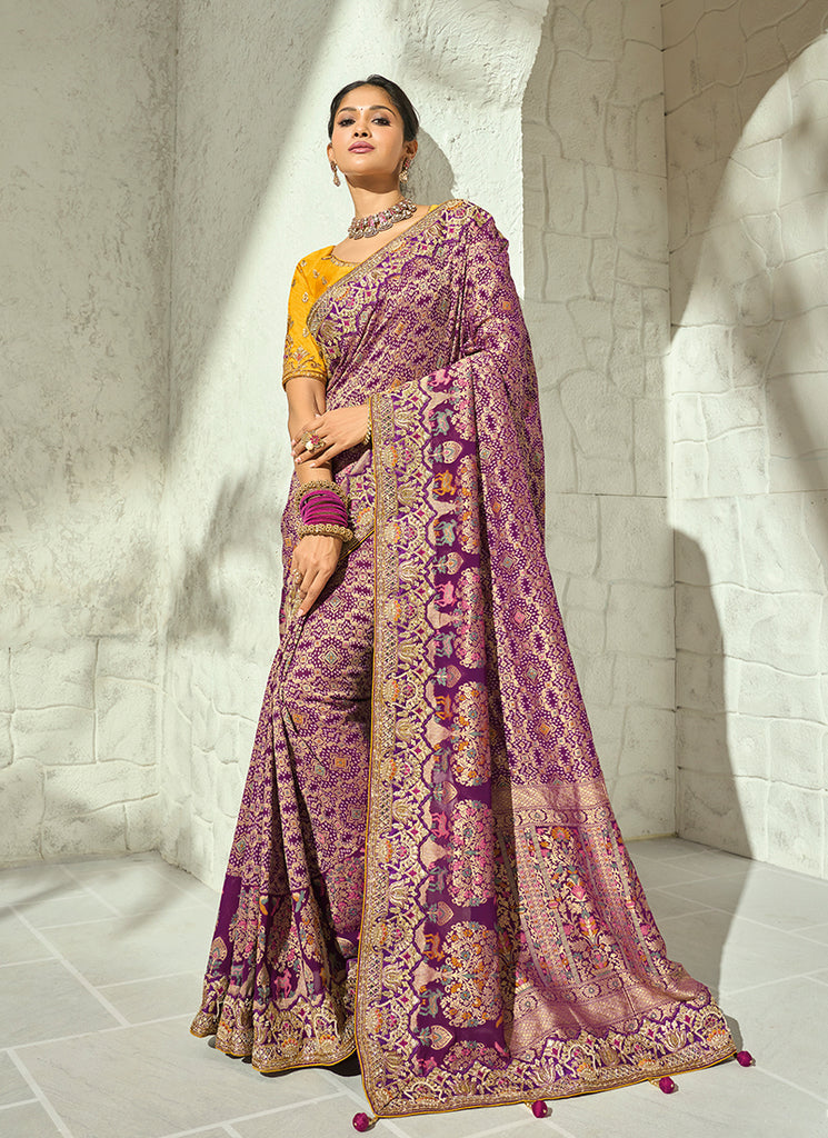 Shop Wine And Yellow Handwork Sari In Canada