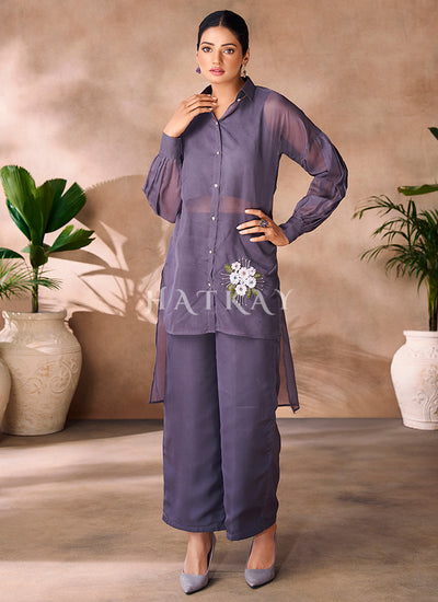 Purple Handwork Embroidery Organza Co-Ord Set