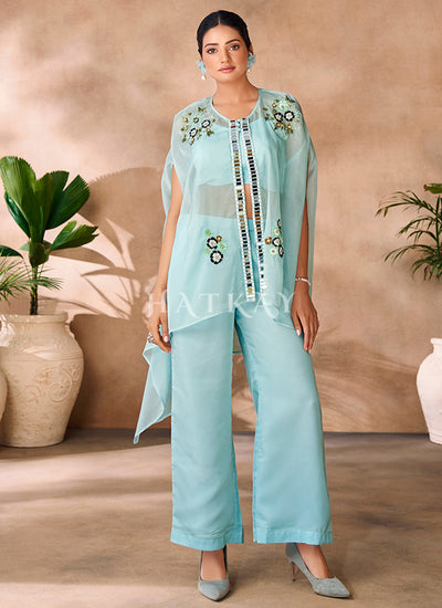 Sky Blue Handwork Embroidery Organza Co-Ord Set