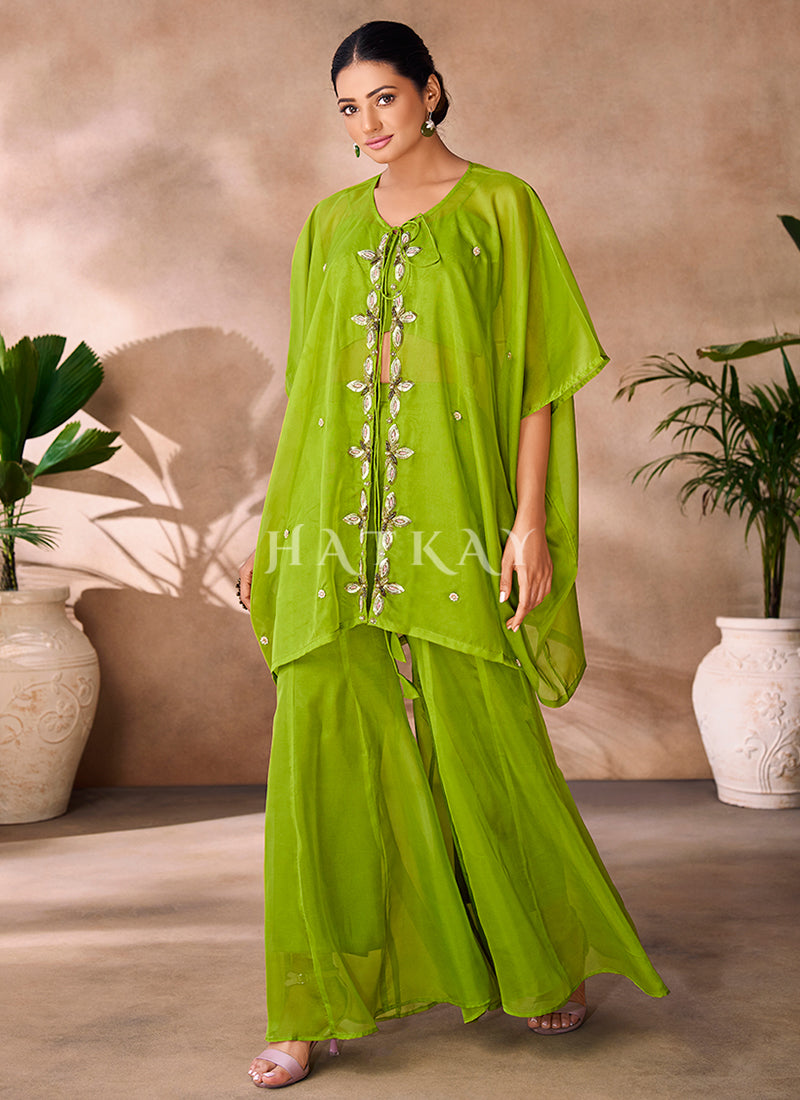 Lime Green Handwork Embroidery Organza Co-Ord Set