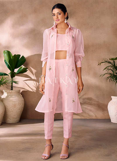 Light Pink Embroidery Organza Co-Ord Set