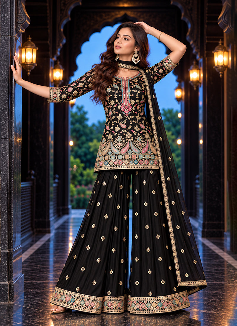 Buy Black Multicoloured Gharara Suit In USA