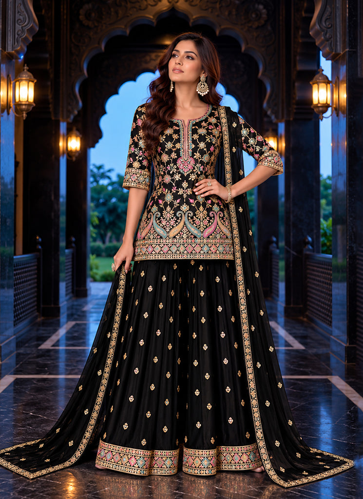 Black Multicoloured Embroidered Gharara Suit