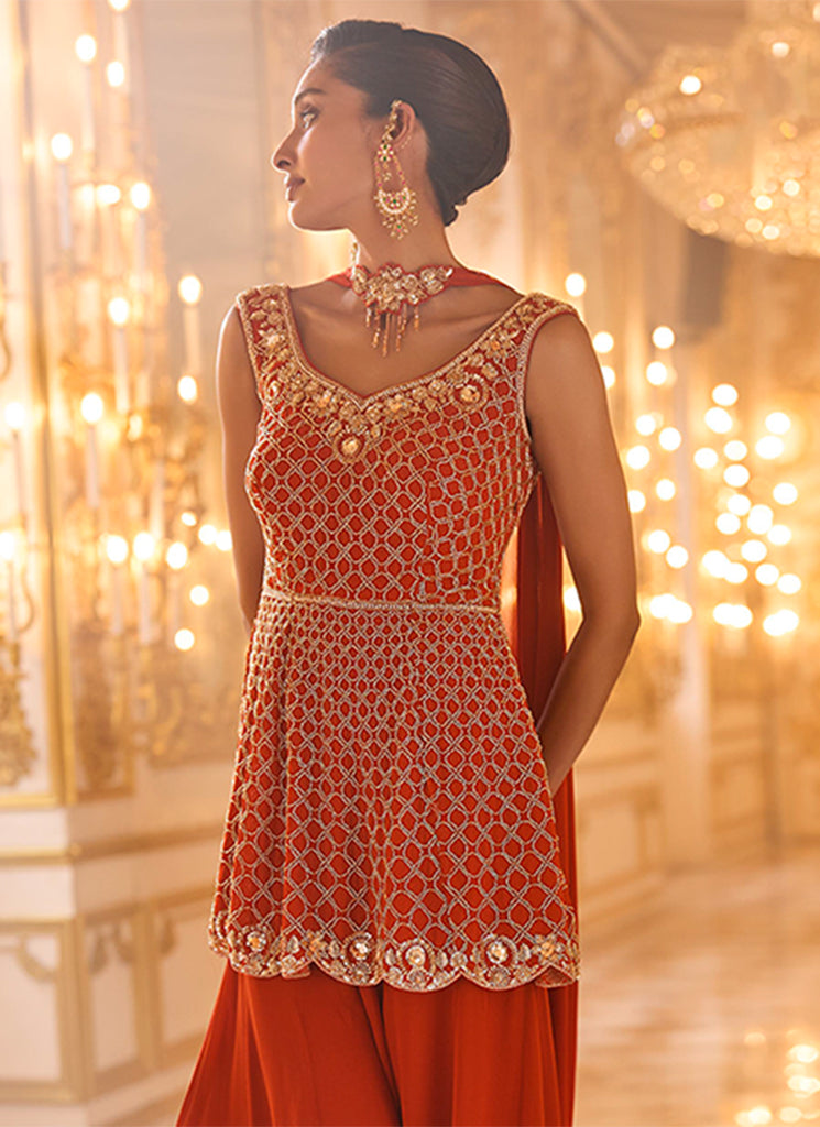 Buy Rust Orange Peplum Gharara Set In UAE