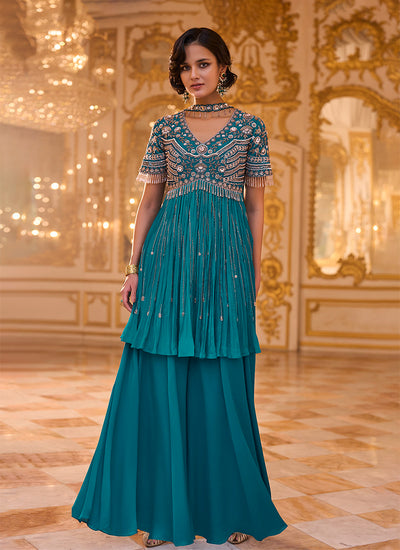 Sapphic Teal Embroidered Peplum Gharara Set