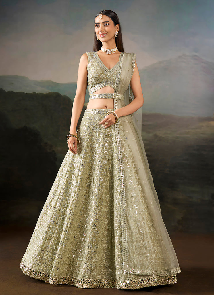 Pastel Green Embroidered Georgette Lehenga Set