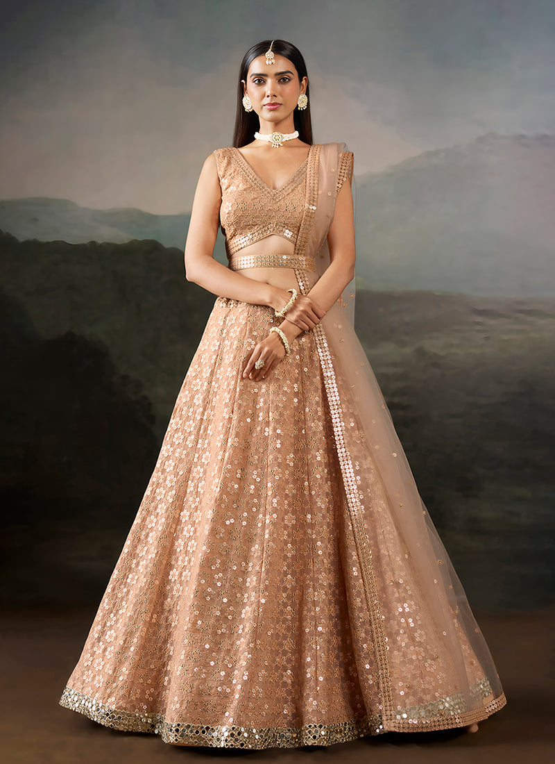 Light Peach Embroidered Georgette Lehenga Set