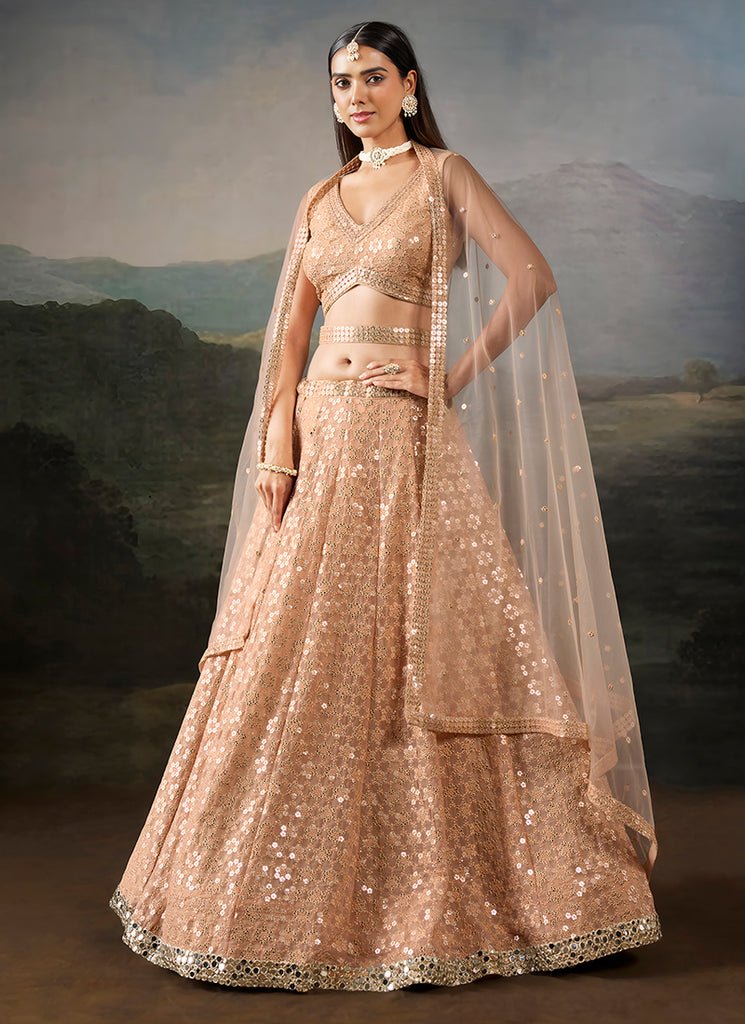 Buy Light Peach Embroidered Lehenga In UAE