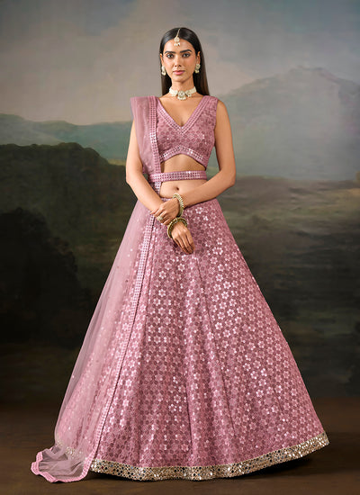 Mauve Pink Embroidered Georgette Lehenga Set