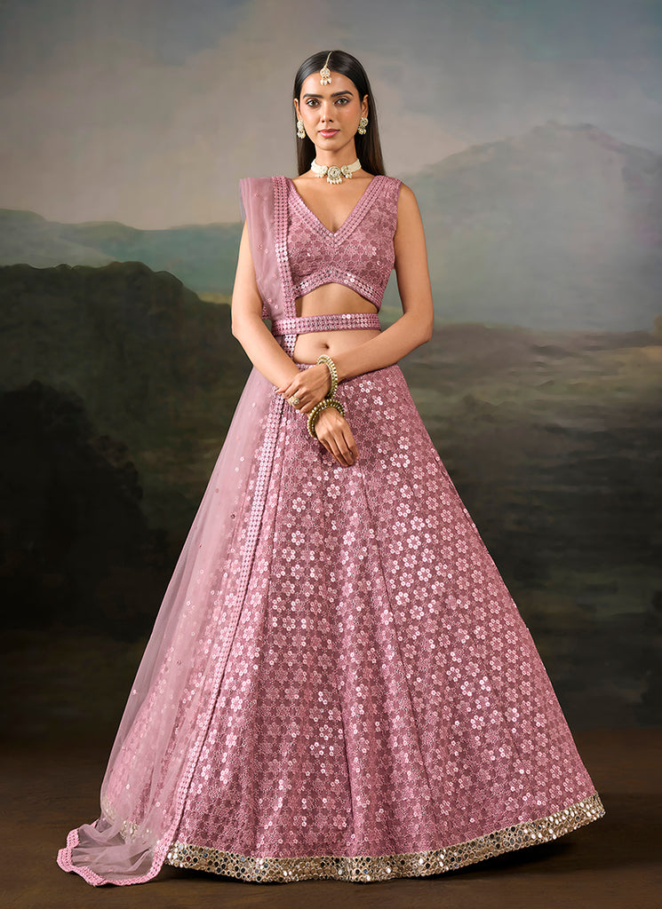 Mauve Pink Embroidered Georgette Lehenga Set