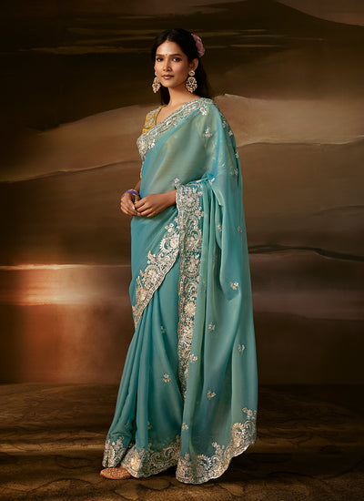 Aqua Blue And Yellow Embroidered Organza Silk Saree