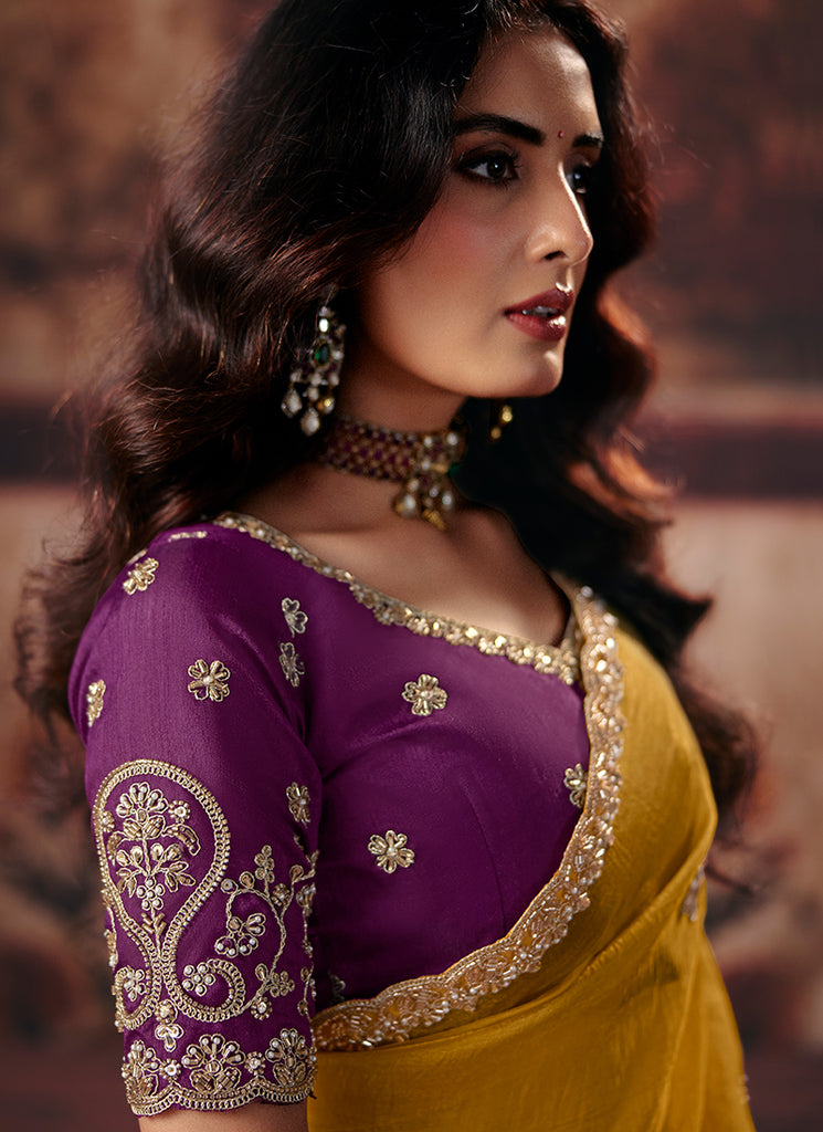 Buy Mustard And Purple Designer Saree In USA