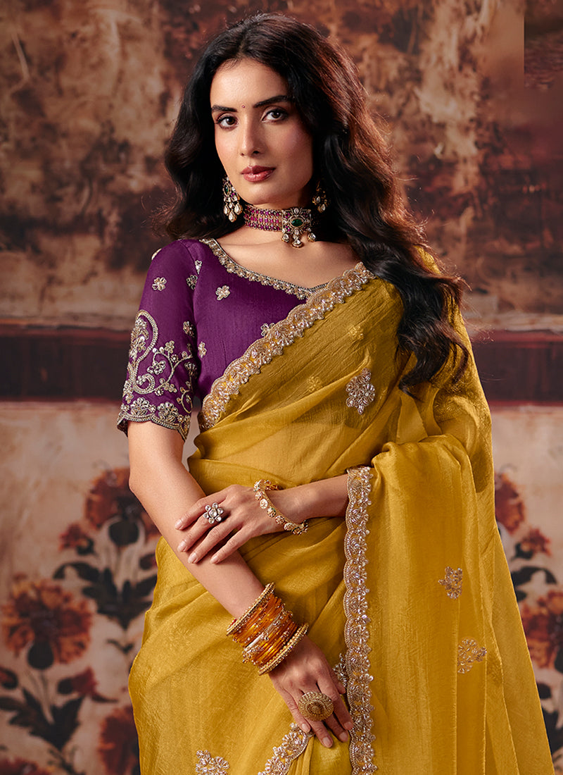 Shop Mustard And Purple Traditional Saree Online