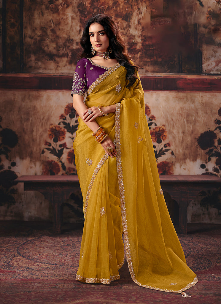 Mustard And Purple Reshamkari Embroidered Saree