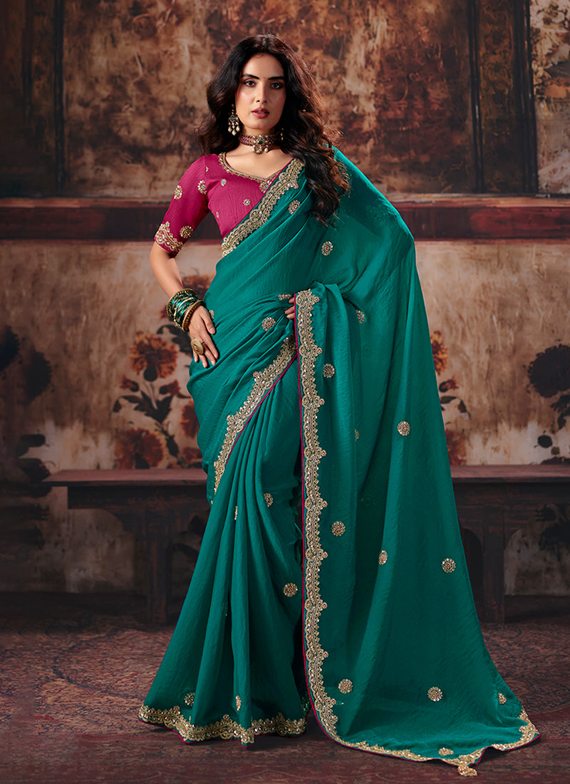 Teal And Pink Reshamkari Embroidered Saree