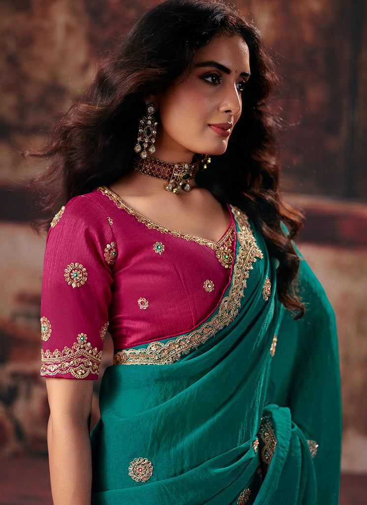 Buy Teal And Pink Designer Saree In UK