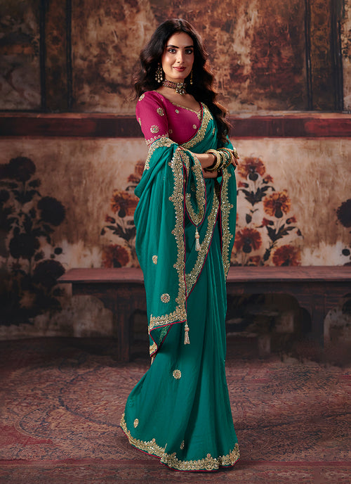 Shop Teal And Pink Saree Online