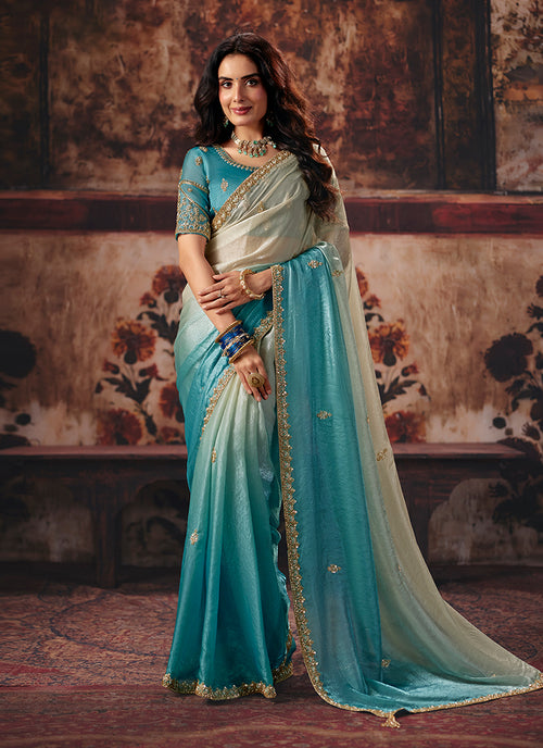 Ivory Blue Reshamkari Embroidered Saree