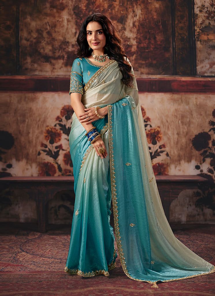 Ivory Blue Reshamkari Embroidered Saree