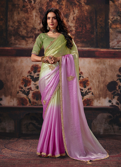 Green And Lavender Reshamkari Embroidered Saree