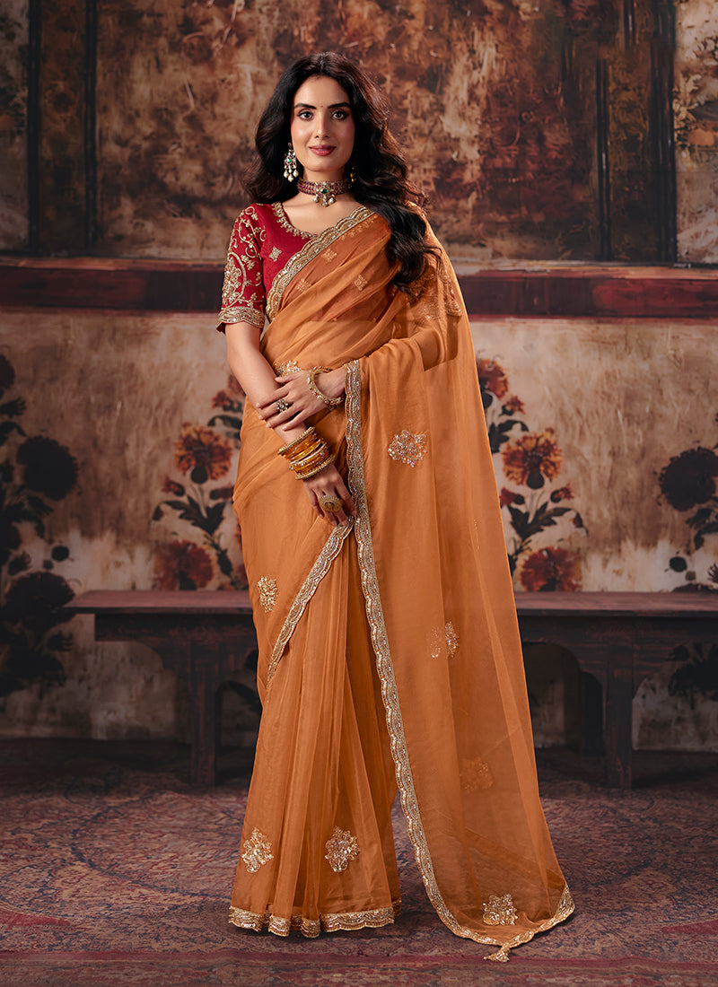 Orange And Red Reshamkari Embroidered Saree