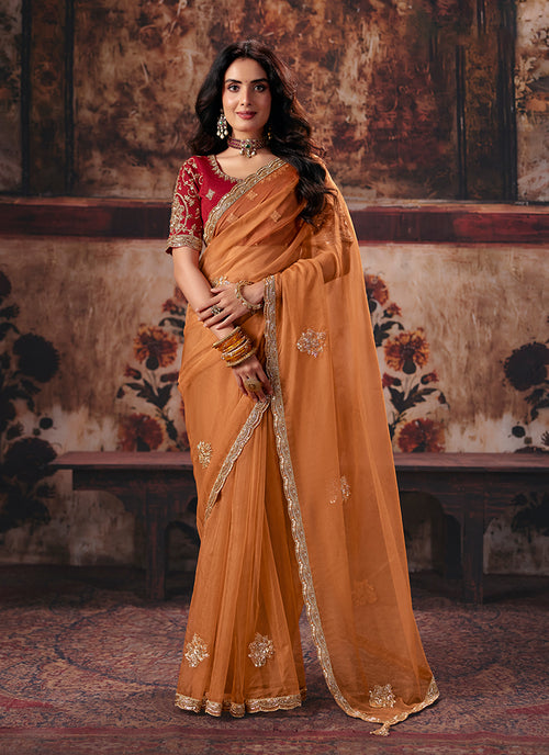 Orange And Red Reshamkari Embroidered Saree
