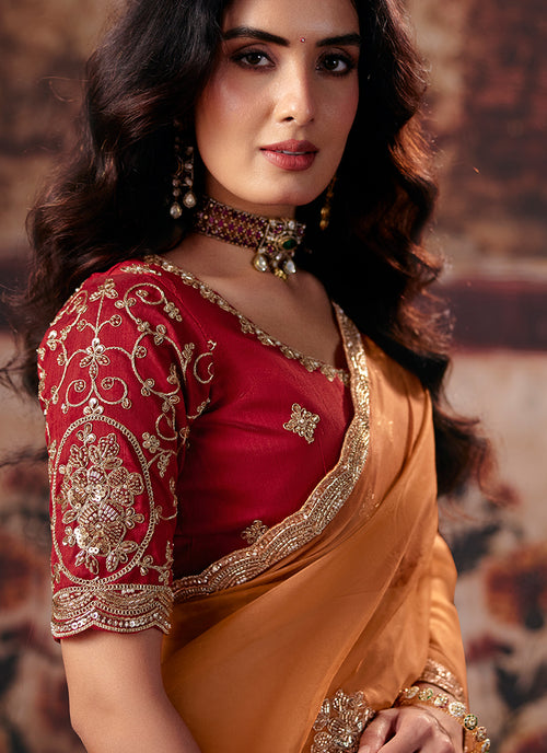Buy Orange And Red Saree In Germany