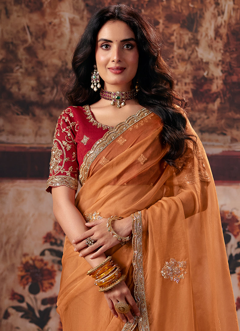 Shop Orange And Red Saree Online