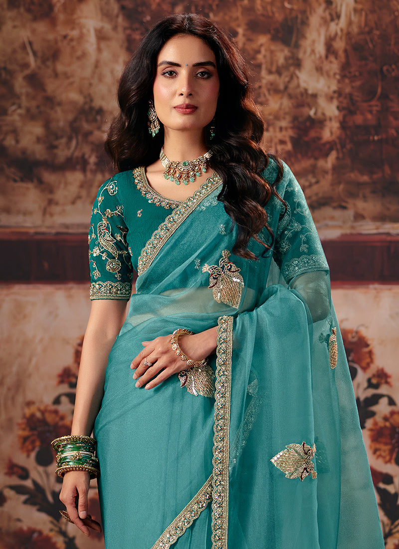 Buy Firozi Blue Saree In UAE