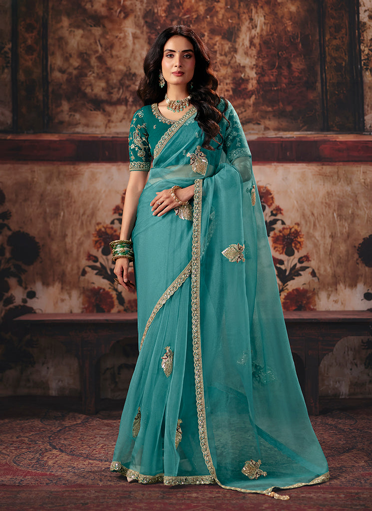 Firozi Blue Reshamkari Embroidered Saree