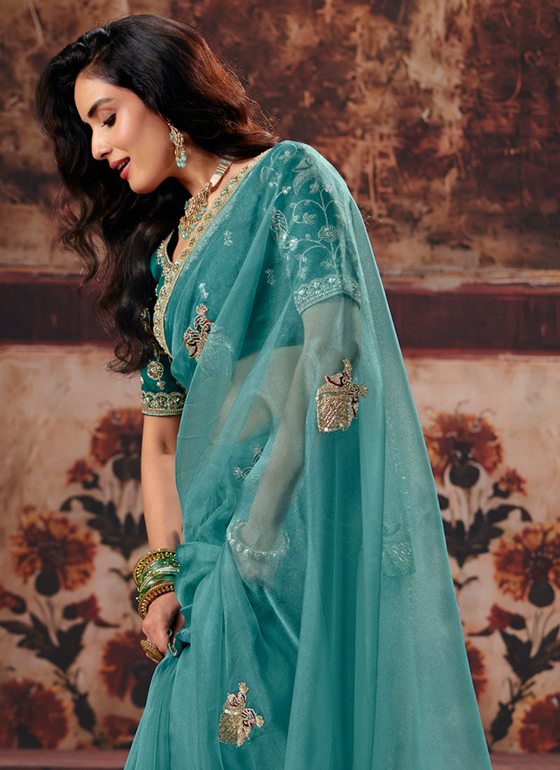 Shop Firozi Blue Sari Online In UAE