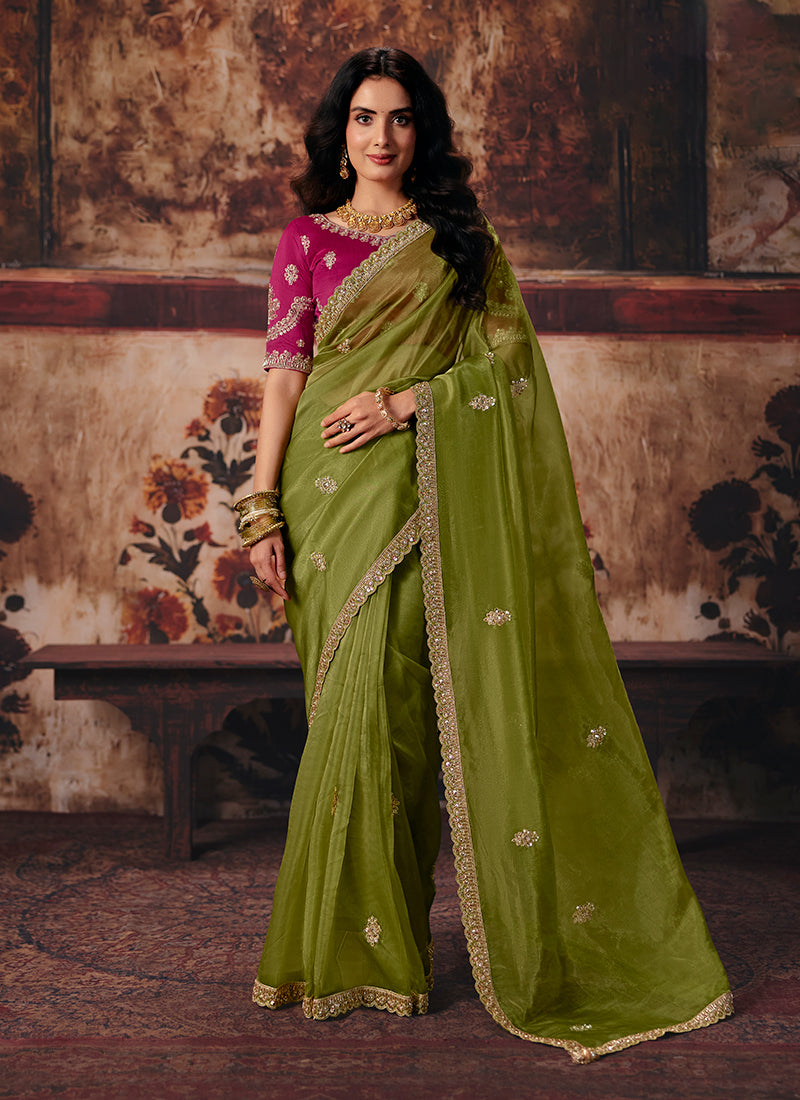 Green And Magenta Reshamkari Embroidered Saree