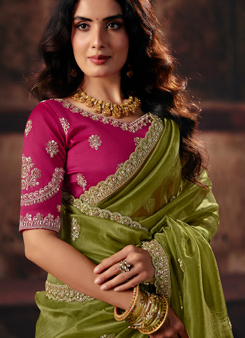 Buy Green And Magenta Saree In Singapore