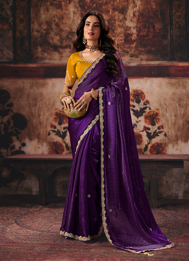 Purple And Yellow Reshamkari Embroidered Saree
