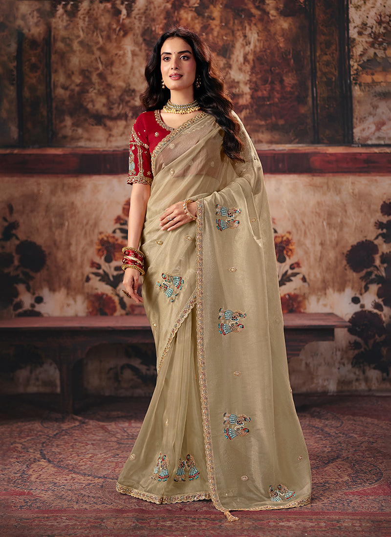 Beige And Red Reshamkari Embroidered Saree