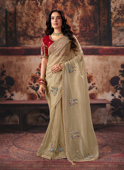 Beige And Red Reshamkari Embroidered Saree