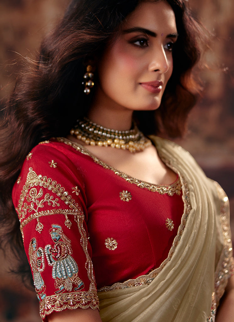 Shop Beige And Red Sari Online In USA